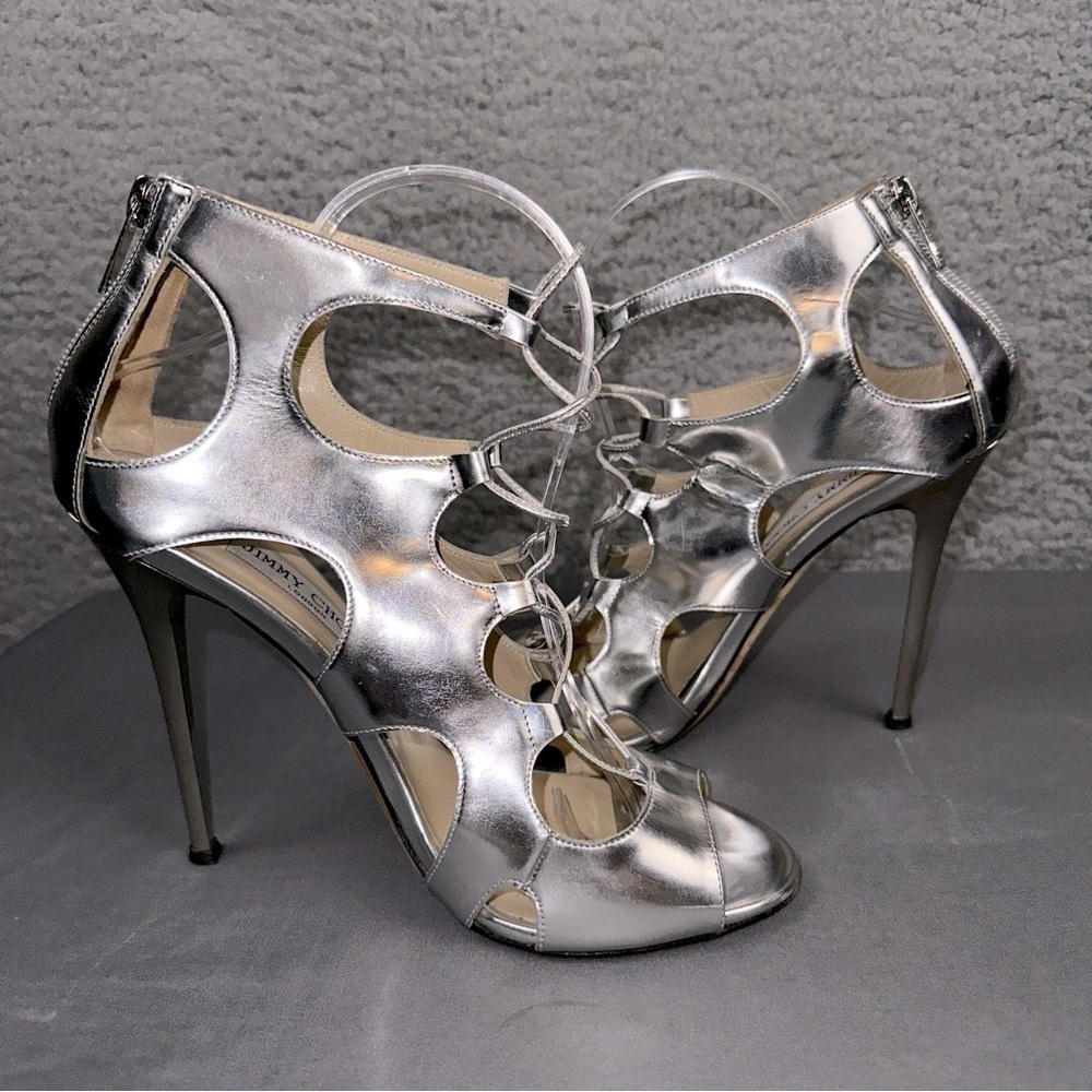 Jimmy Choo Shoes Womens 10 Silver Diffuse Mirror Leather Strappy Lace Up